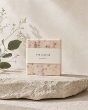THÉ LIMPIDÉ Strawberry Terrazzo Soap on stone with eucalyptus