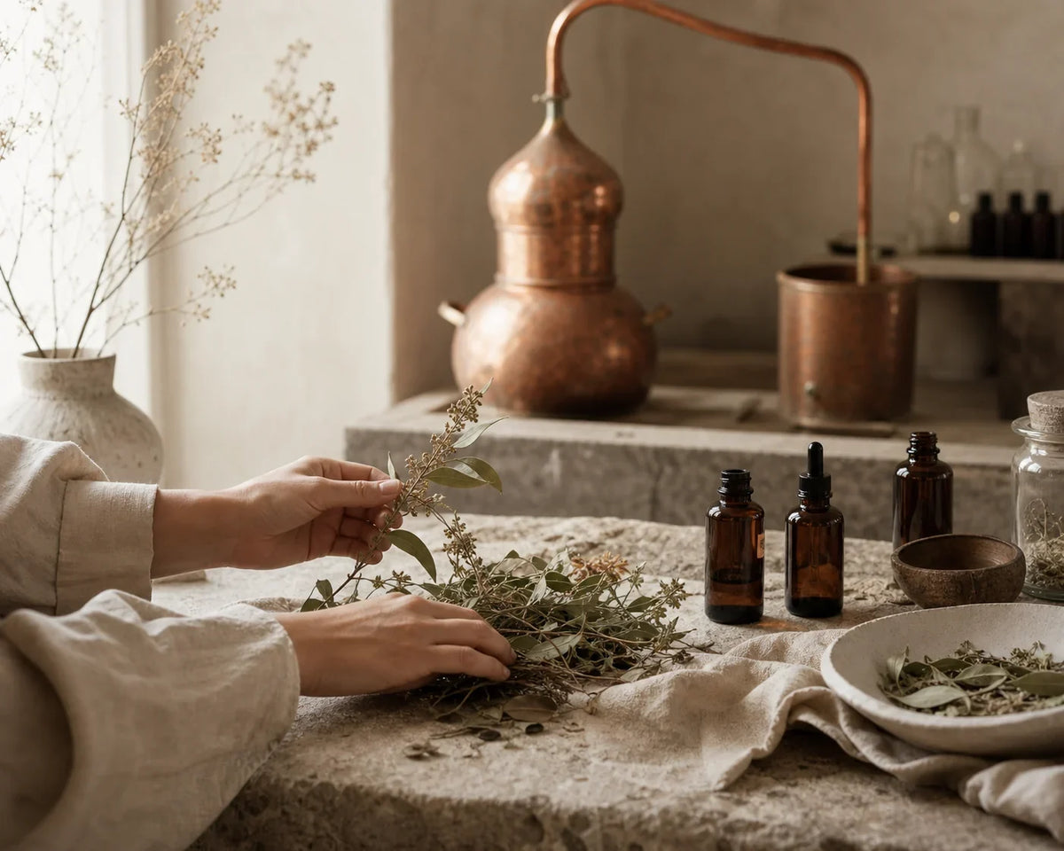 Hands sorting dried botanicals beside amber bottles and a copper still